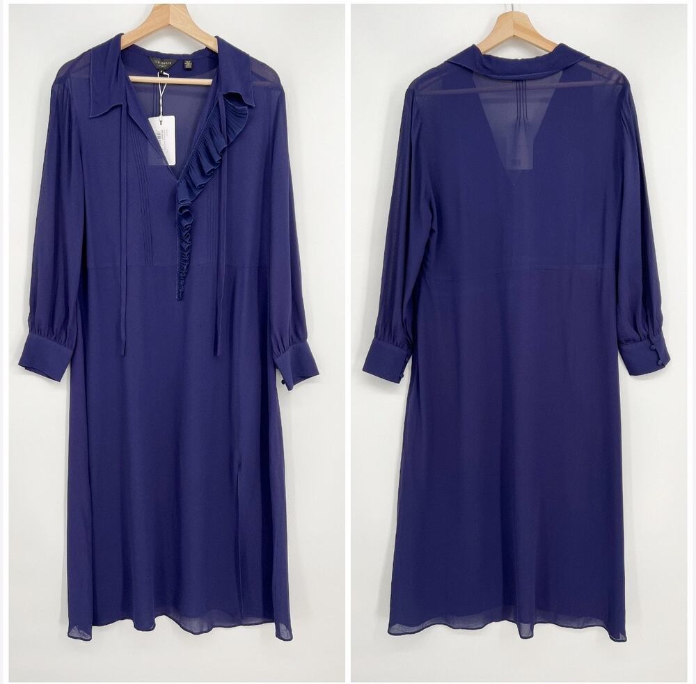 Ted Baker London Faithiy Asymmetric Ruffle Midi Shirt Dress 4/US 8-10 Navy FLAW